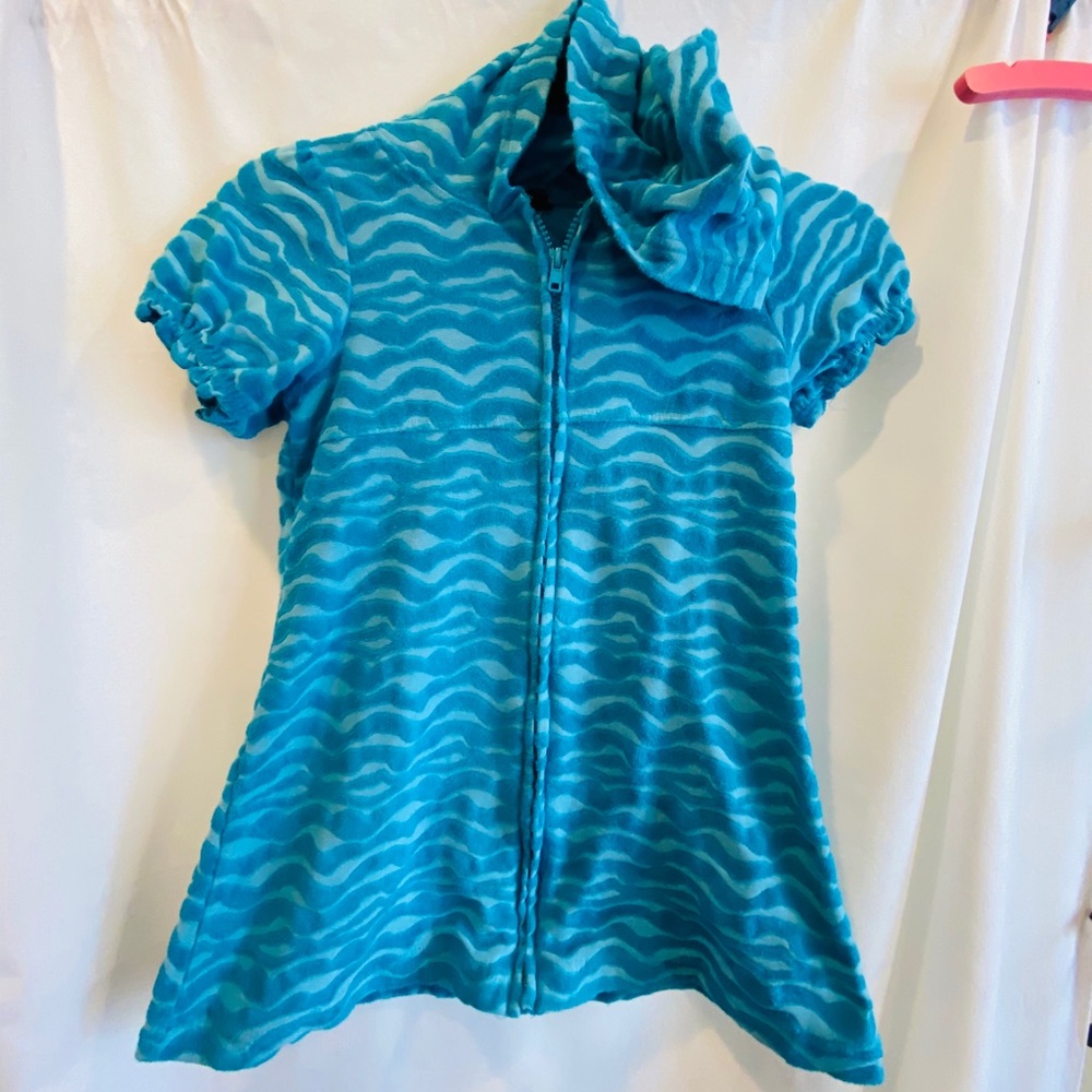 Terry swim cover up zipped blue waves girls 7/8